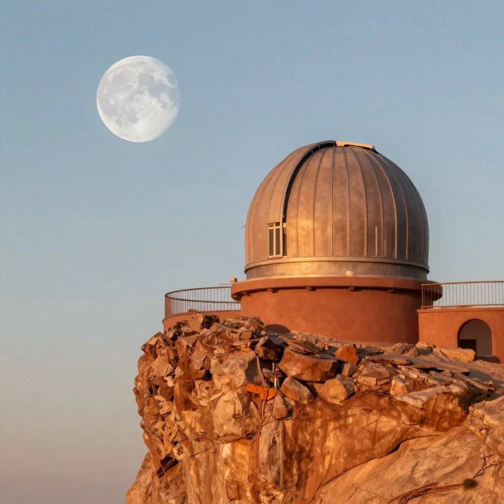 a cliffside observatory at moonrise, cinematic architectural photography, restrained color harmony, terracotta and pale 
