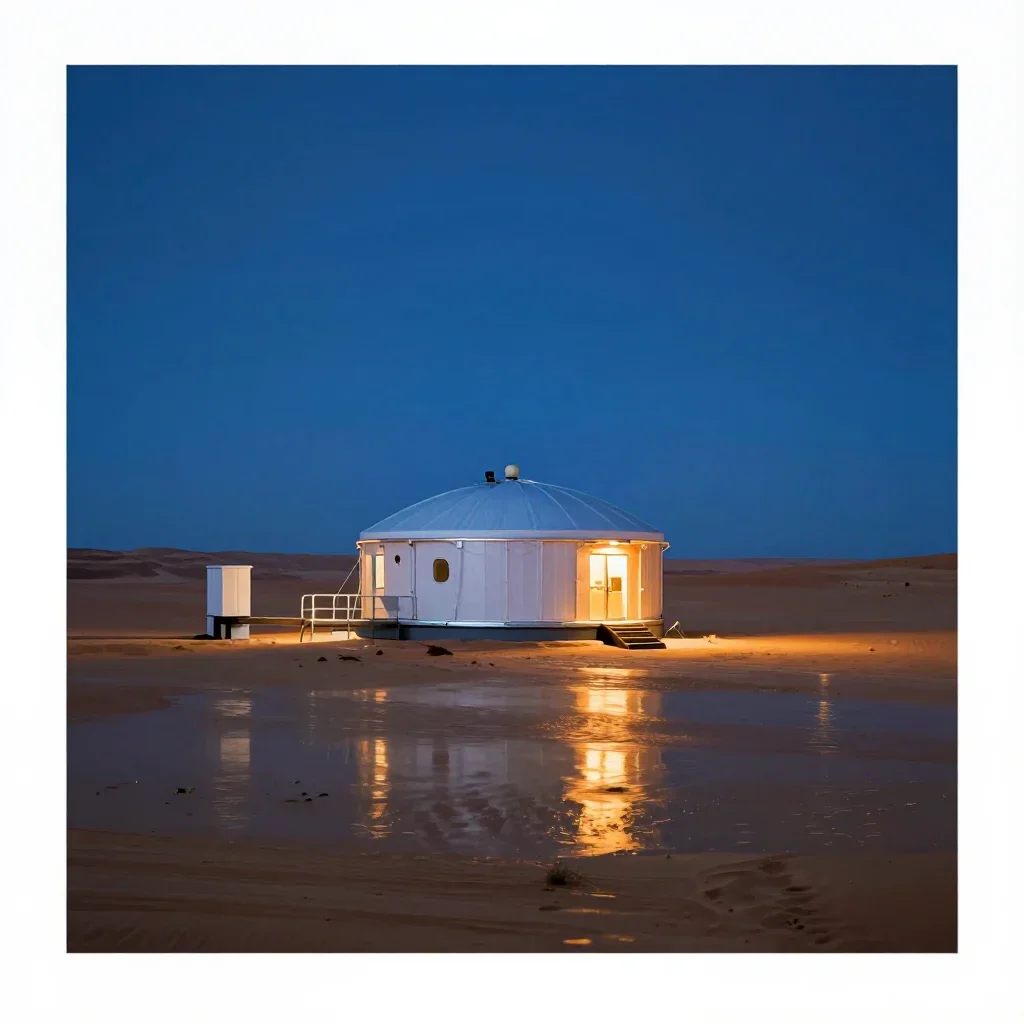 a desert research station at blue hour, dreamlike fine-art landscape photography, gentle reflected light, cobalt and amber palette, no people, no text, no logo, no watermark
