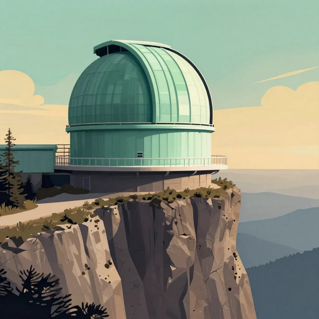 a cliffside observatory during golden hour, modernist poster illustration, crisp material detail, jade and charcoal pale