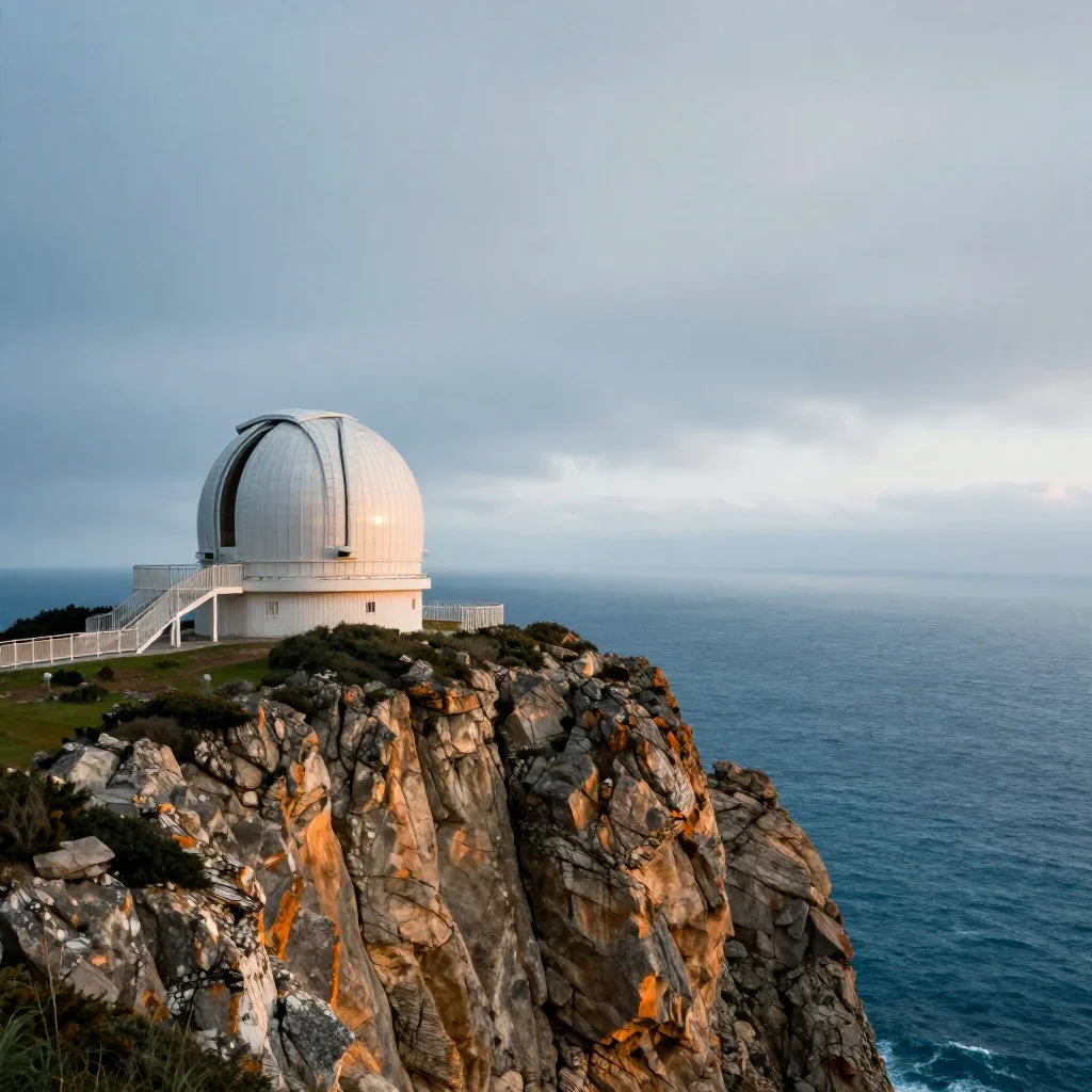 a cliffside observatory under overcast coastal light, dreamlike fine-art landscape photography, atmospheric depth, cobal