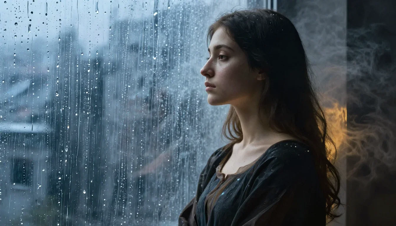 a lover leaning against rain-streaked glass in a dramatic three-quarter profile, in a smoke-lit photo studio, Renaissanc