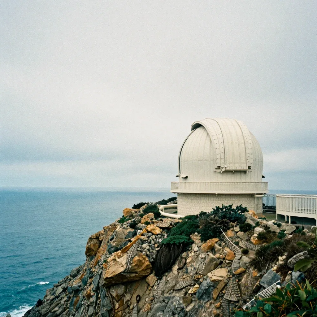 a cliffside observatory under overcast coastal light, soft-grain analog film photography, subtle film grain, cobalt and 