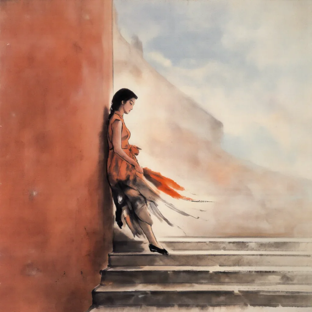 a spectral fox-spirit woman in an ink wash in a wind-swept lean against a wall, on a marble staircase at dawn, Wong Kar-