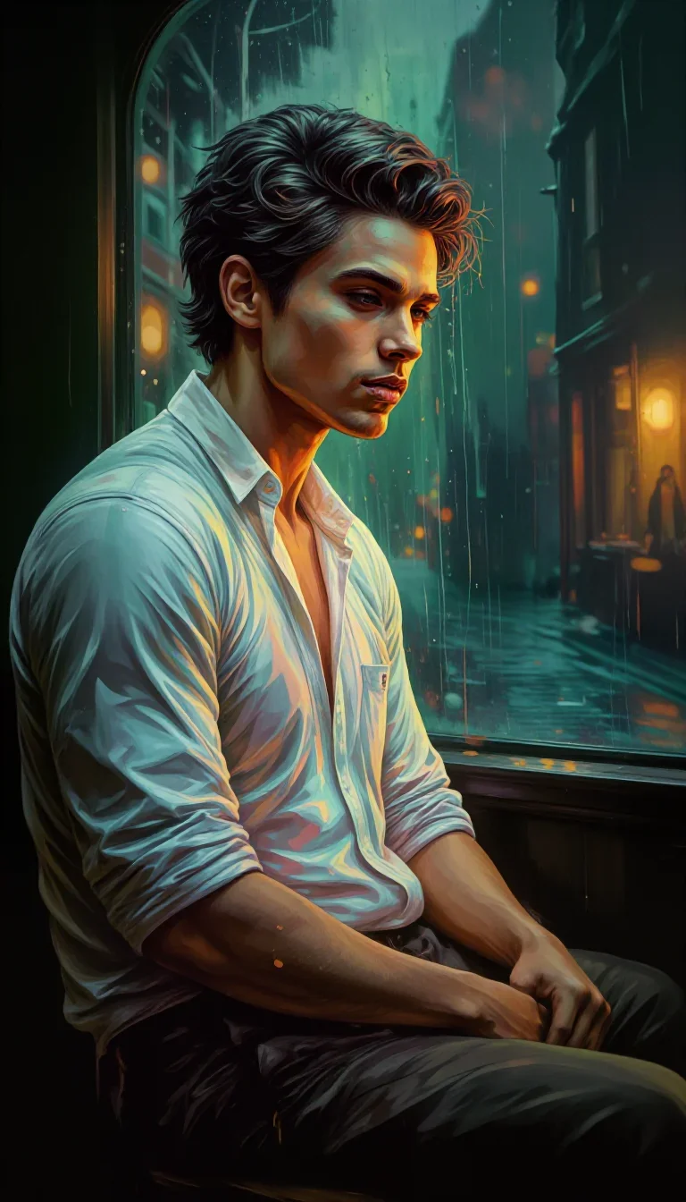 a handsome man in a rolled-sleeve white shirt in a seated silhouette against a window, in a rain-slick neon alley, Renaissance chiaroscuro oil portrait, soft volumetric light, jade and charcoal palette, no text, no lo...