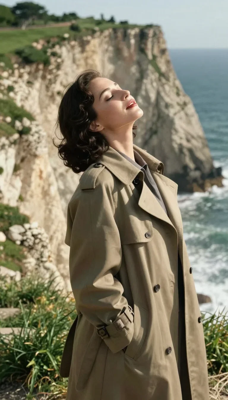 a noir detective's femme fatal muse in a trench coat in a deep breath with eyes closed, on a sun-drenched cliffside, cin