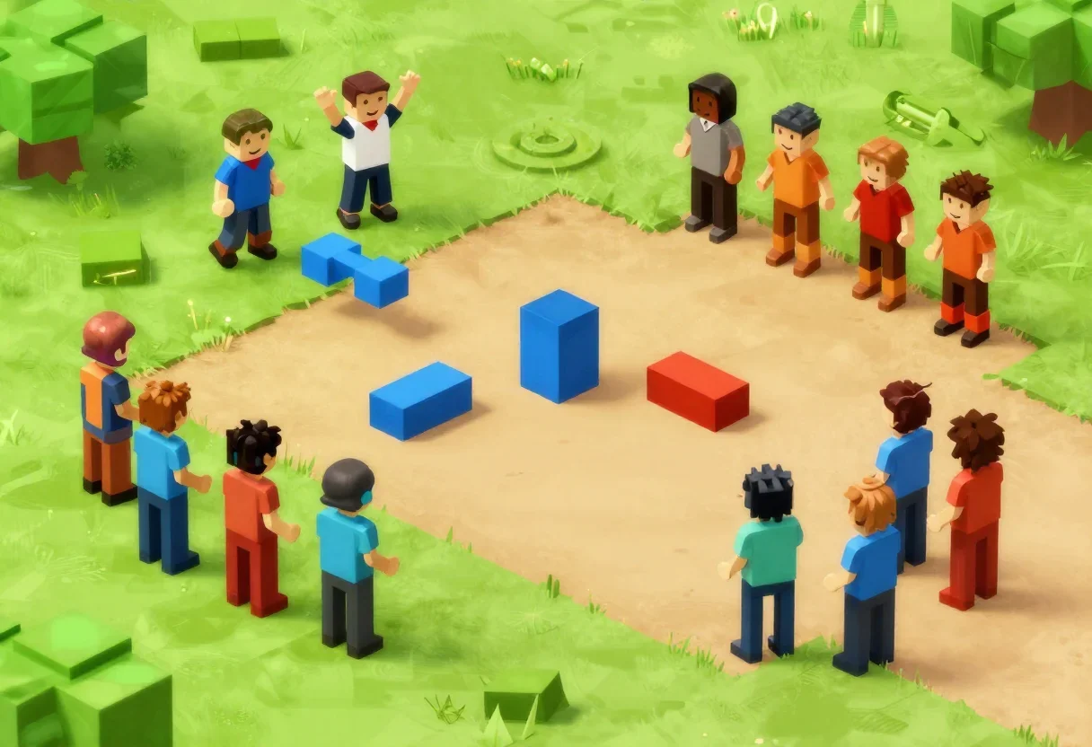 Build a block-world shooter with two teams against each other, where I can place and destroy blocks and fight the opposi