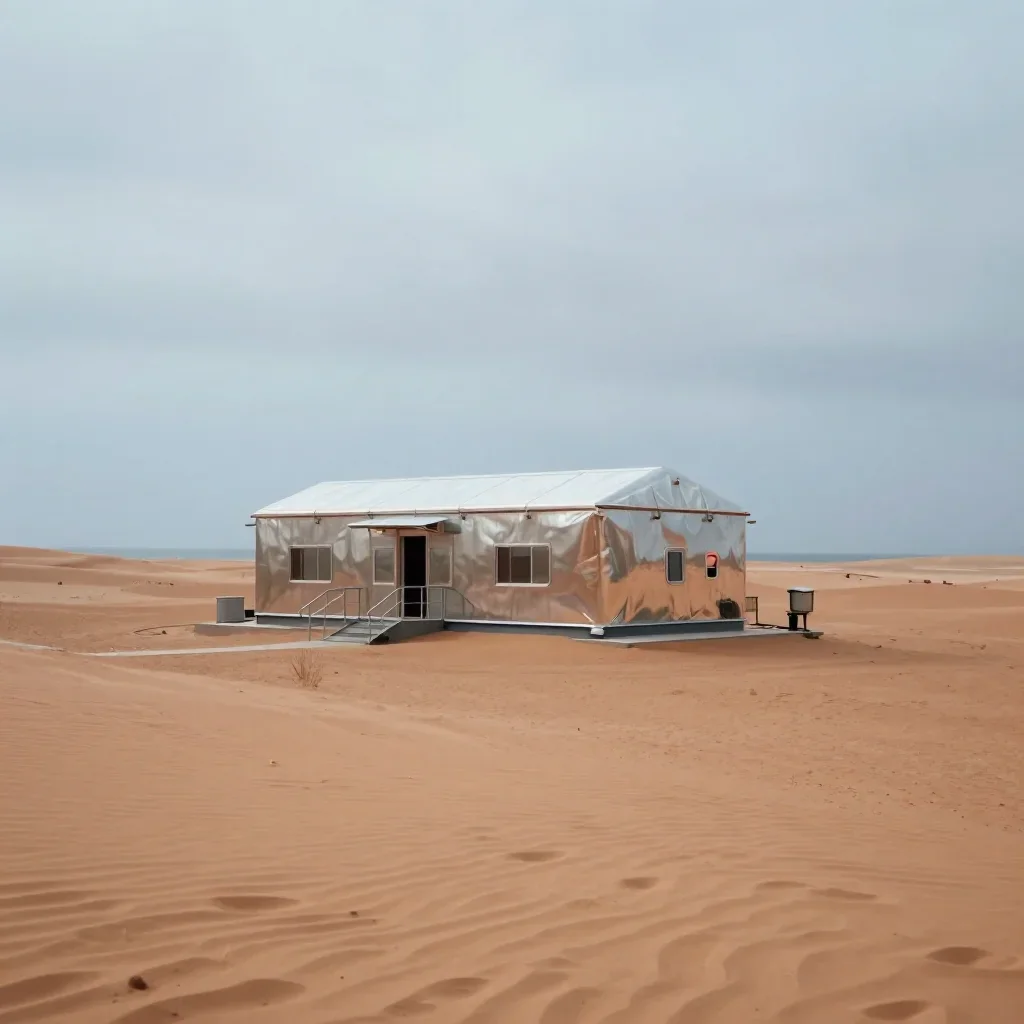 a desert research station under overcast coastal light, high-end design magazine photography, gentle reflected light, te