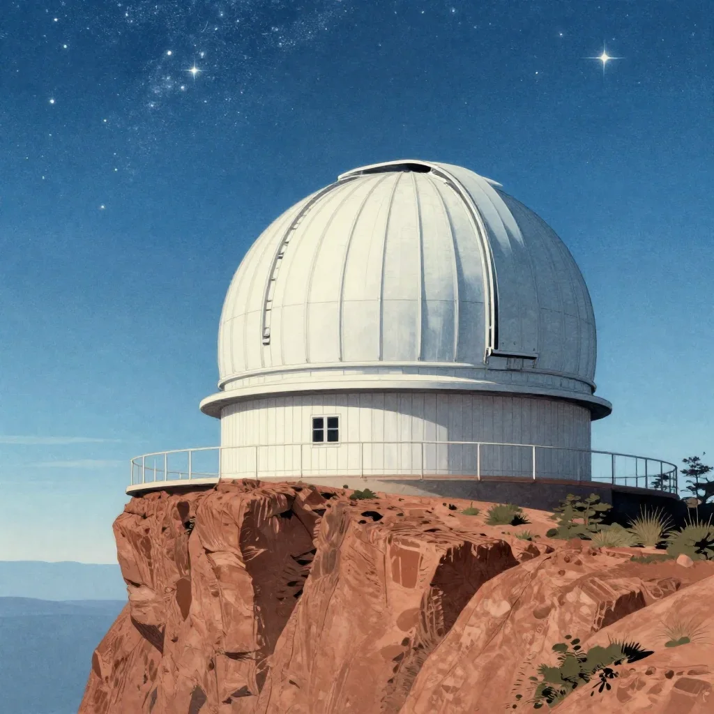 a cliffside observatory beneath a star-filled sky, Japanese woodblock-inspired editorial art, crisp material detail, ter