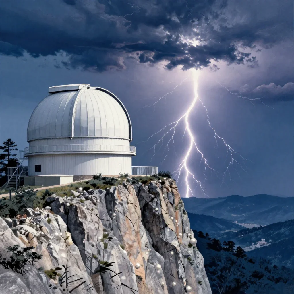 a cliffside observatory after a distant thunderstorm, Japanese woodblock-inspired editorial art, clean natural textures,