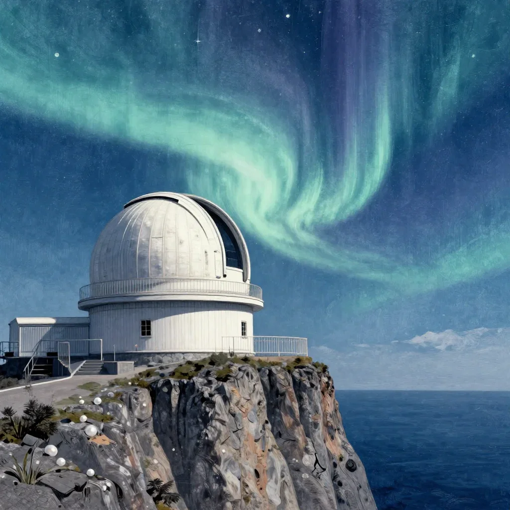 a cliffside observatory beneath an aurora, Japanese woodblock-inspired editorial art, weathered tactile surfaces, indigo