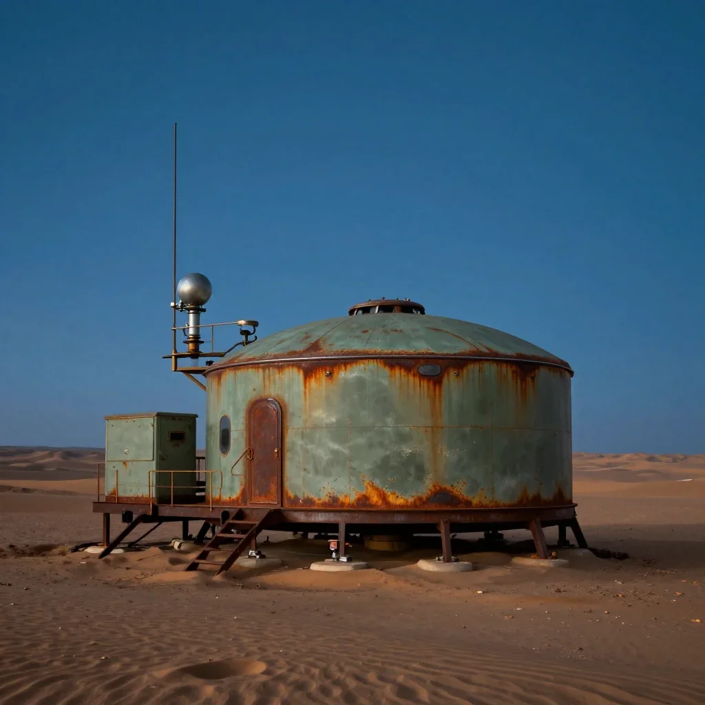 a desert research station at blue hour, quiet science-fiction concept art, crisp material detail, rust and sage palette,