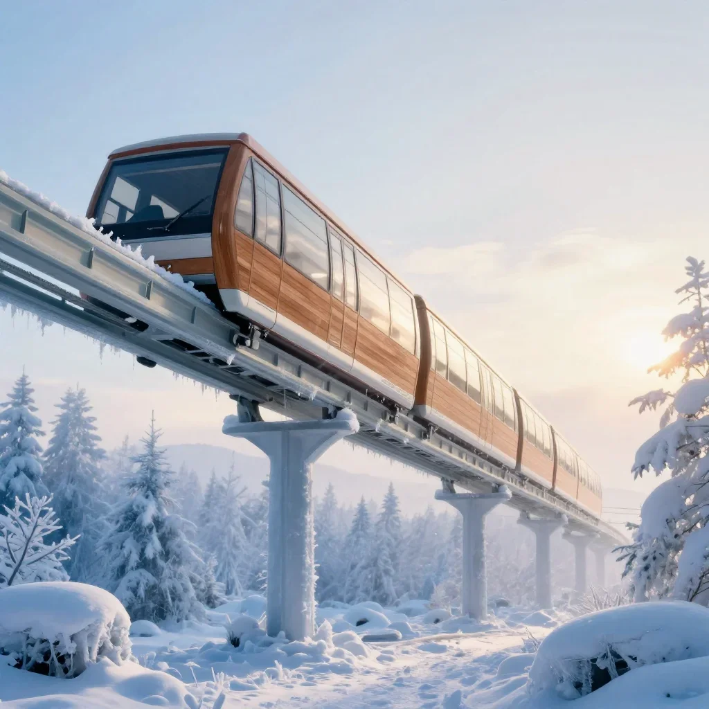 a glass monorail in crisp winter sunlight, dreamlike fine-art landscape photography, soft volumetric light, ice blue and