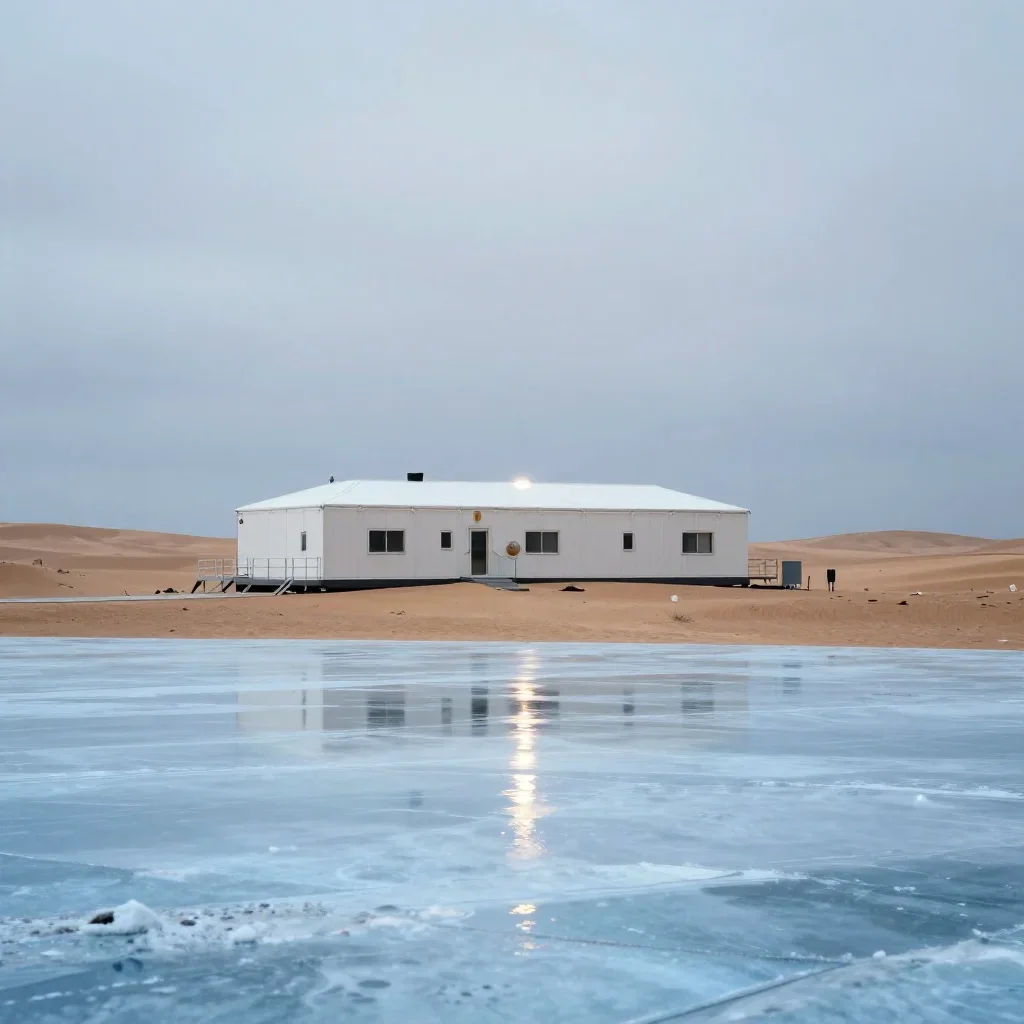 a desert research station under overcast coastal light, refined editorial travel photography, gentle reflected light, ic