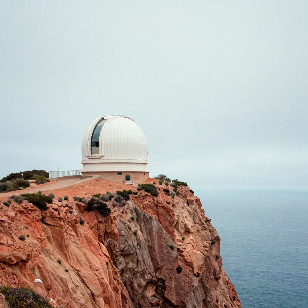 a cliffside observatory under overcast coastal light, dreamlike fine-art landscape photography, subtle film grain, terra