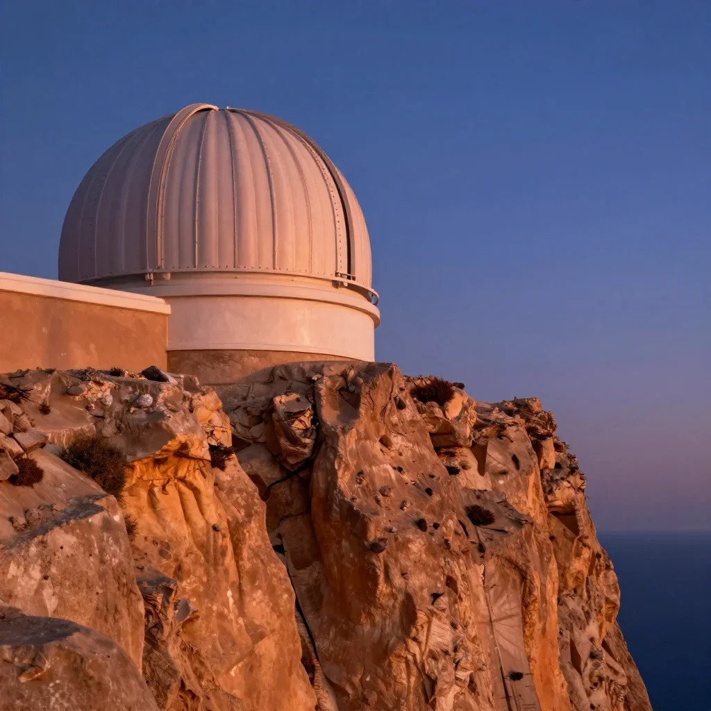 a cliffside observatory at blue hour, refined editorial travel photography, weathered tactile surfaces, ochre and ultram
