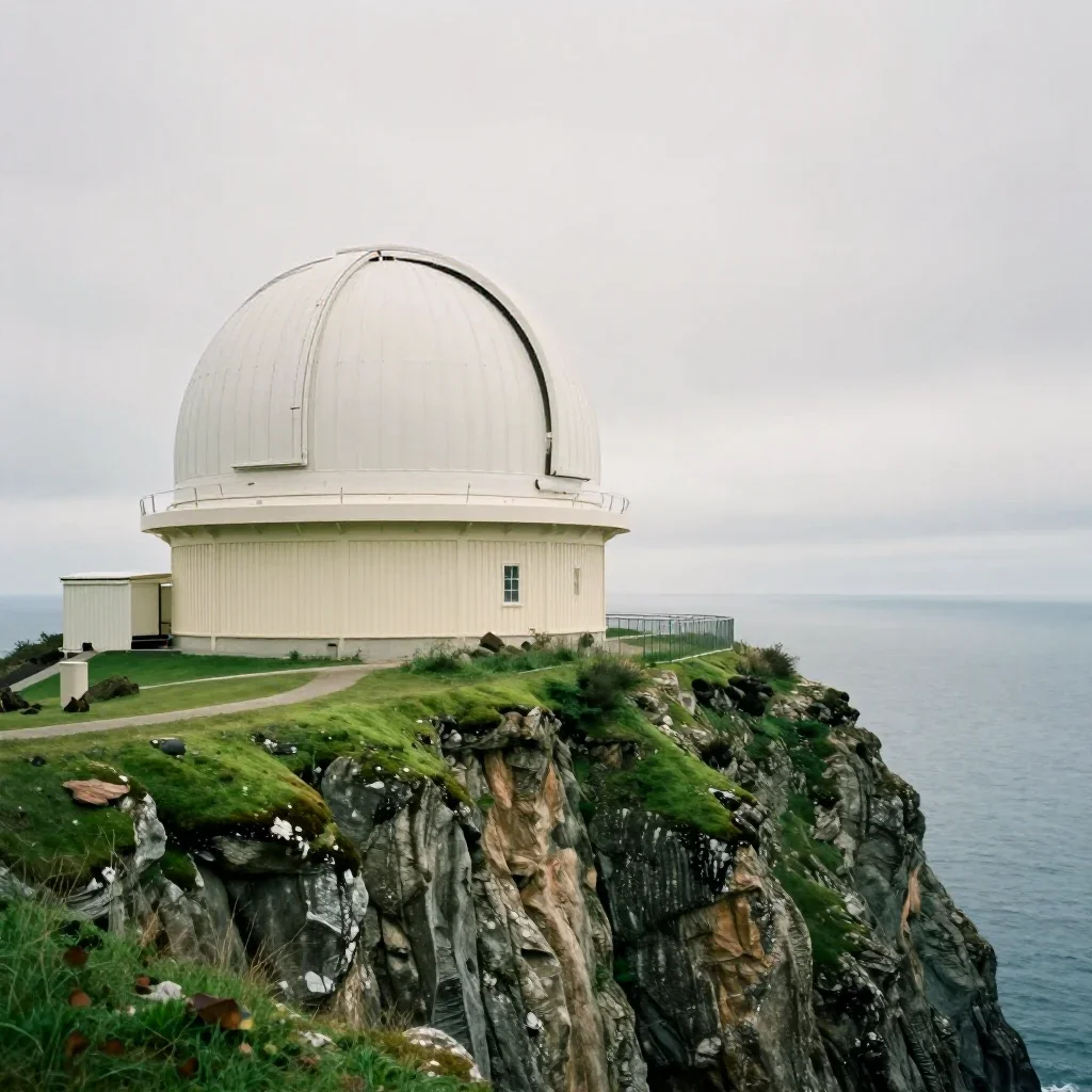 a cliffside observatory under overcast coastal light, cinematic architectural photography, subtle film grain, moss green