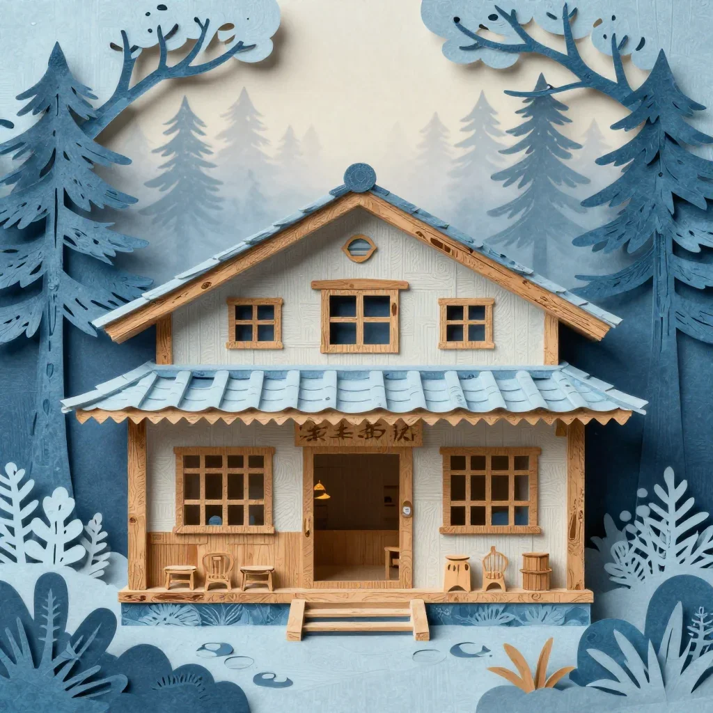 a forest tea house under soft dawn fog, intricate paper-cut illustration, weathered tactile surfaces, ice blue and warm