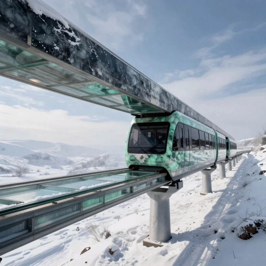 a glass monorail in crisp winter sunlight, dreamlike fine-art landscape photography, weathered tactile surfaces, jade an