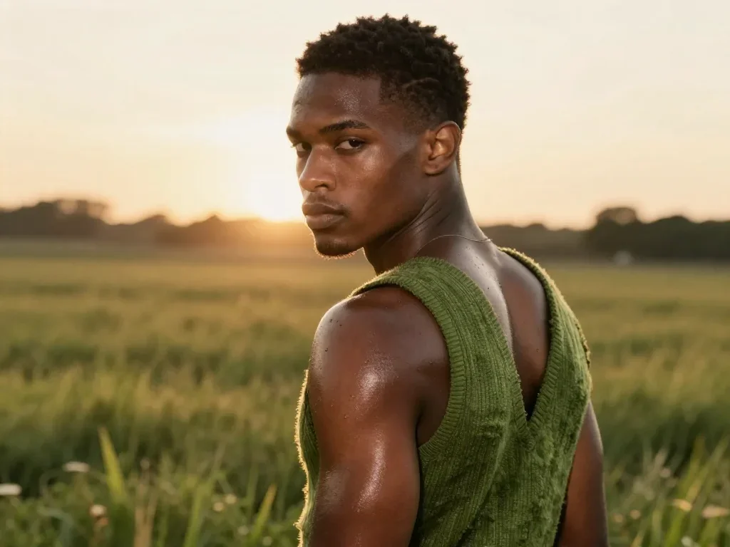 a chiseled athlete in dramatic rim light, oiled skin in an alluring over-the-shoulder glance, in a backlit golden-hour f