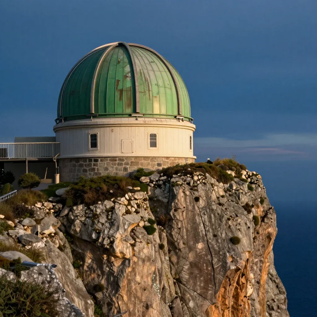 a cliffside observatory at blue hour, refined editorial travel photography, weathered tactile surfaces, moss green and c