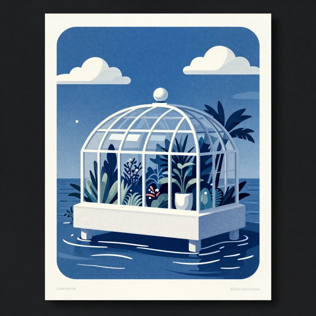 a floating botanical conservatory in a gentle sea breeze, modernist poster illustration, subtle film grain, indigo and p