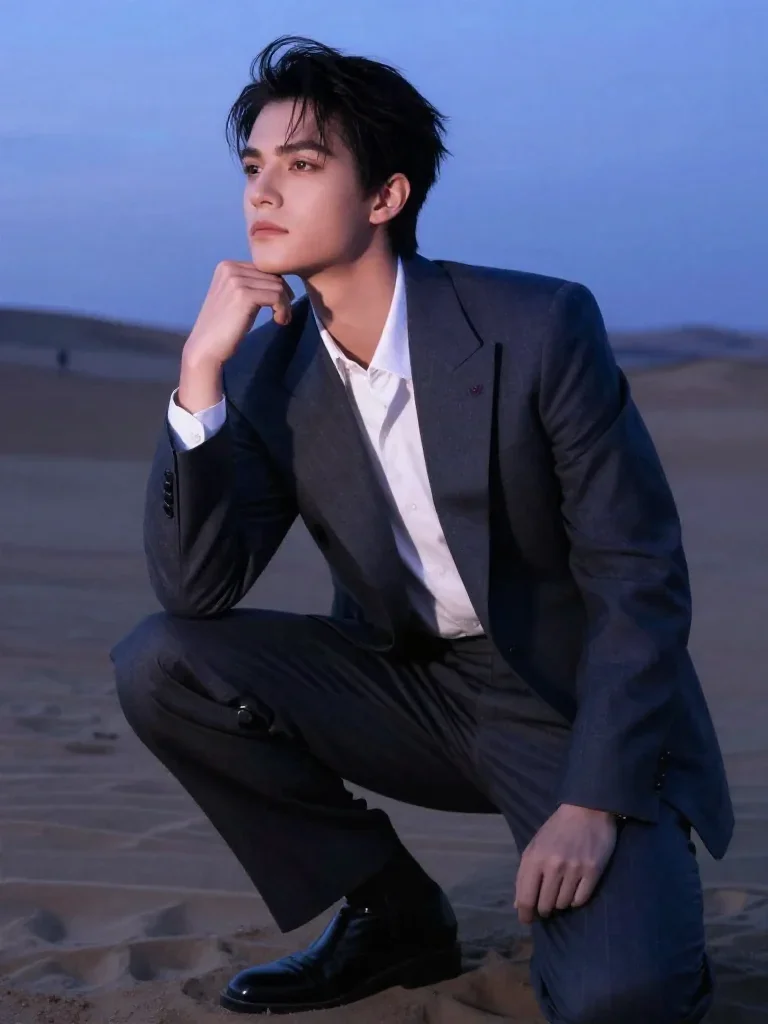 an androgynous model in a sharply tailored suit in a low lunge with a lifted chin, in a silent desert at twilight, Natio