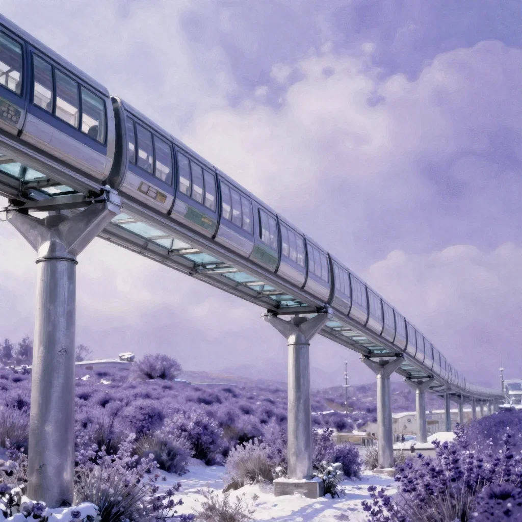 a glass monorail in crisp winter sunlight, dreamlike fine-art landscape photography, weathered tactile surfaces, lavende