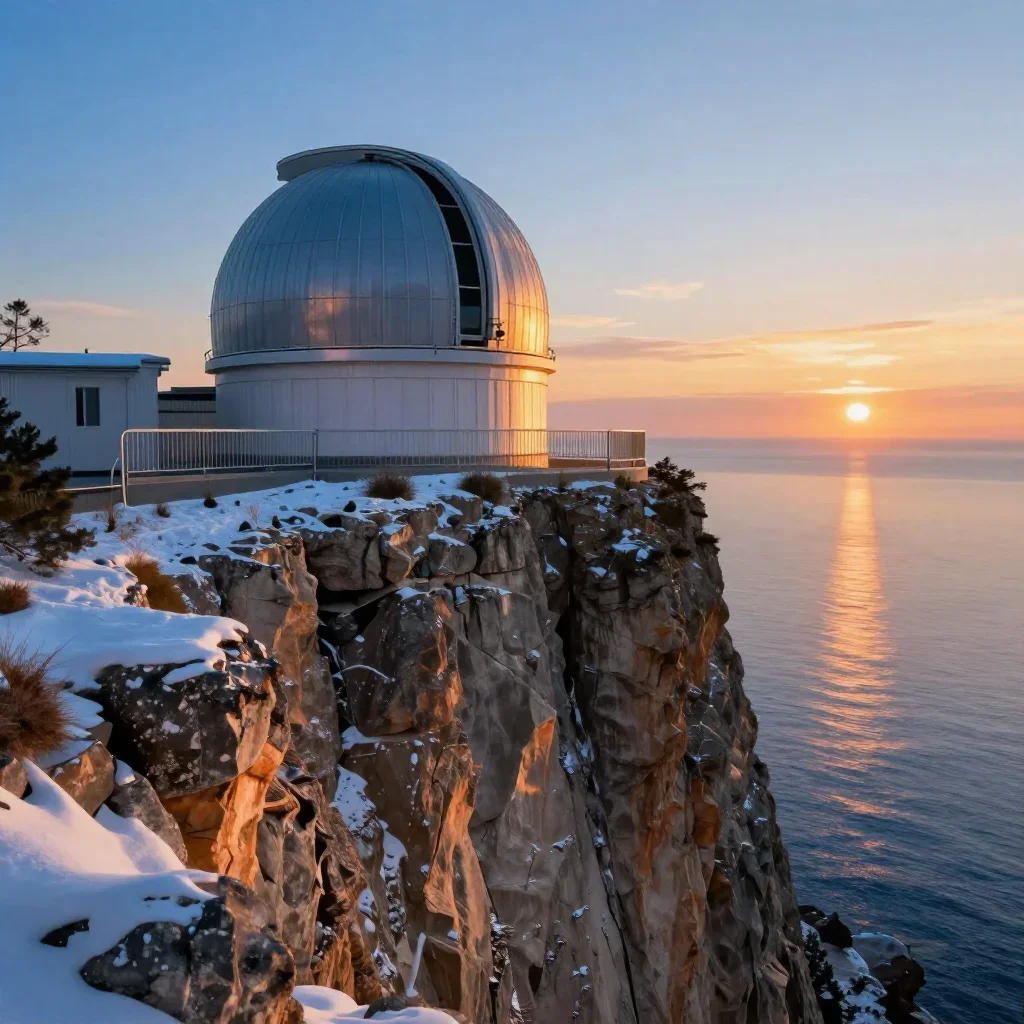 a cliffside observatory in crisp winter sunlight, dreamlike fine-art landscape photography, gentle reflected light, coba