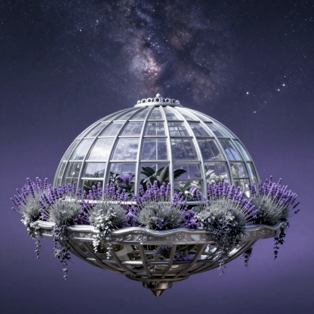 a floating botanical conservatory beneath a star-filled sky, dreamlike fine-art landscape photography, crisp material de