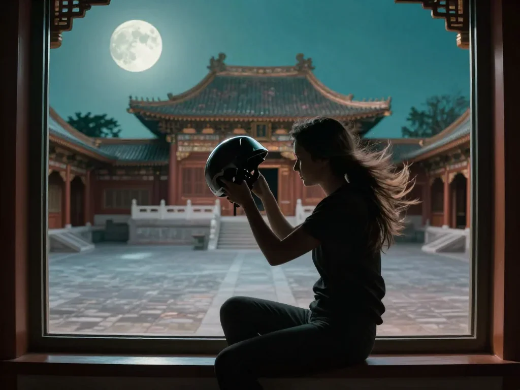 a rider removing a helmet, flushed and windblown in a seated silhouette against a window, in a moonlit palace courtyard,