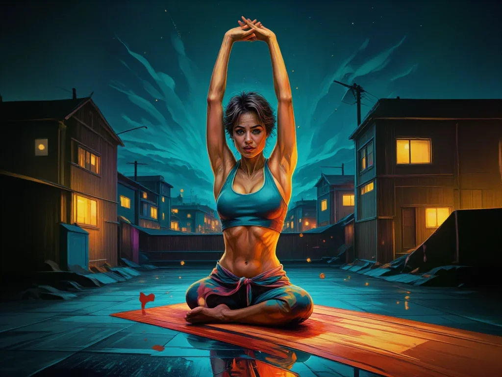 a fitness creator stretching in a sunlit loft in a coy glance from under lowered lashes, on a neon-lit rooftop at midnig