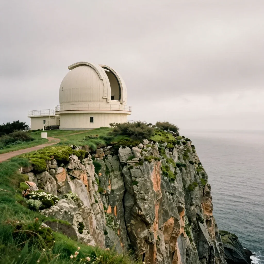 a cliffside observatory under overcast coastal light, dreamlike fine-art landscape photography, atmospheric depth, moss 