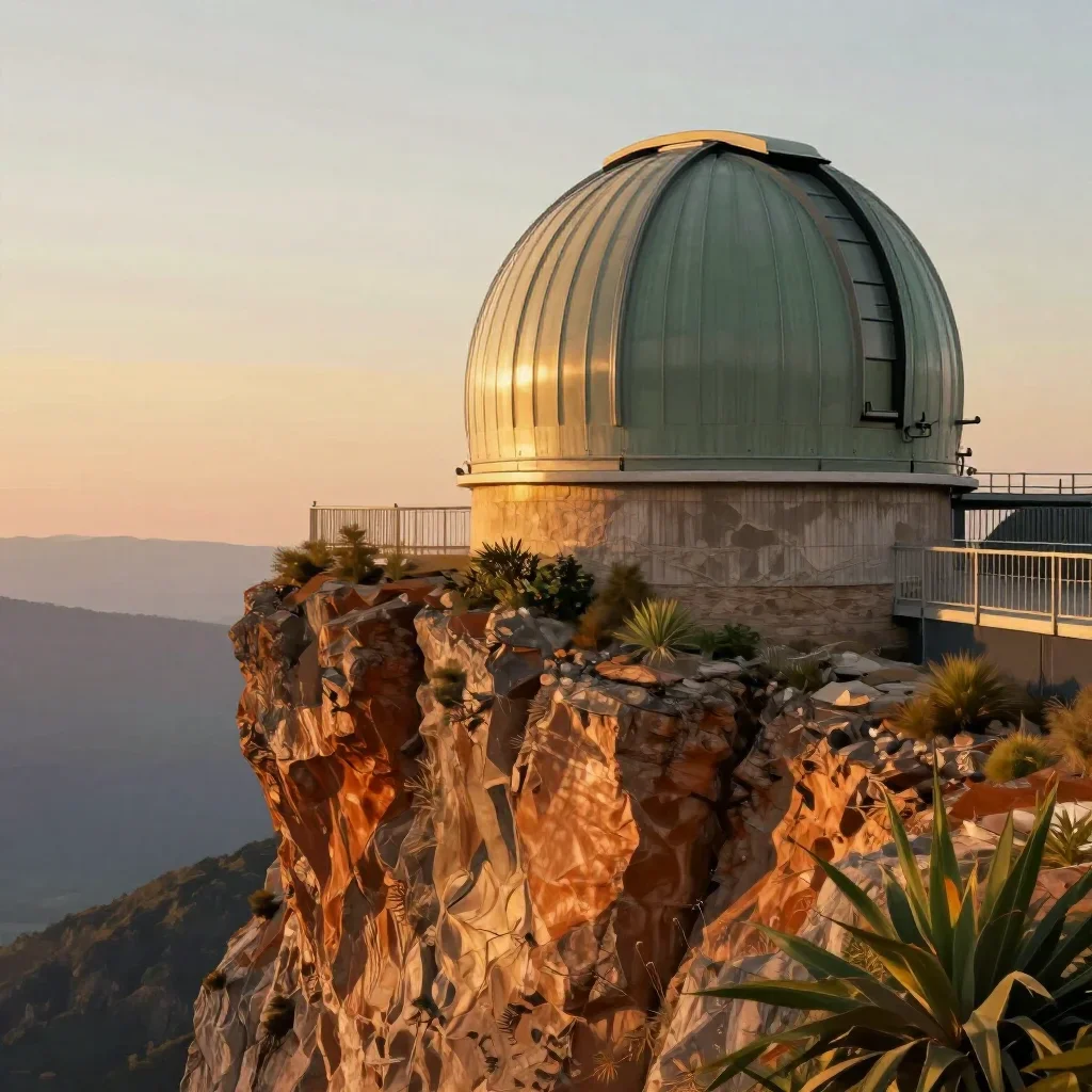 a cliffside observatory during golden hour, contemporary botanical illustration, gentle reflected light, rust and sage p
