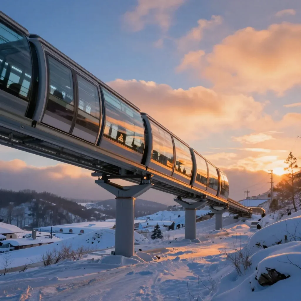 a glass monorail in crisp winter sunlight, refined editorial travel photography, gentle reflected light, ochre and ultra