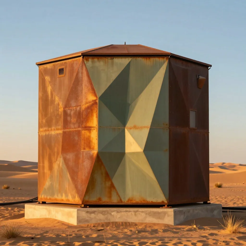 a desert research station during golden hour, high-end design magazine photography, careful geometric composition, rust 
