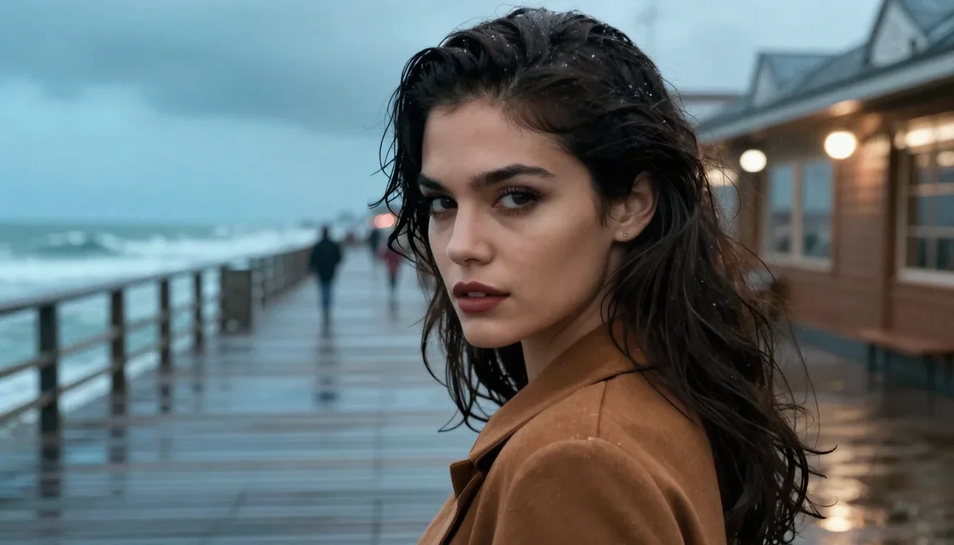 a striking woman with a smoldering over-the-shoulder gaze in a coy glance from under lowered lashes, on a storm-washed b
