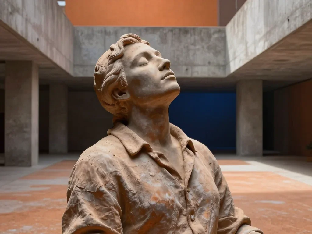 a sculptor at rest in a linen shirt, dust-hazed in a deep breath with eyes closed, in a brutalist concrete atrium, dream