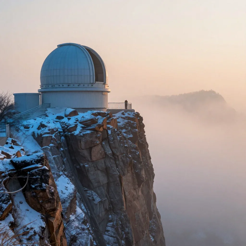 a cliffside observatory under soft dawn fog, dreamlike fine-art landscape photography, atmospheric depth, ice blue and w