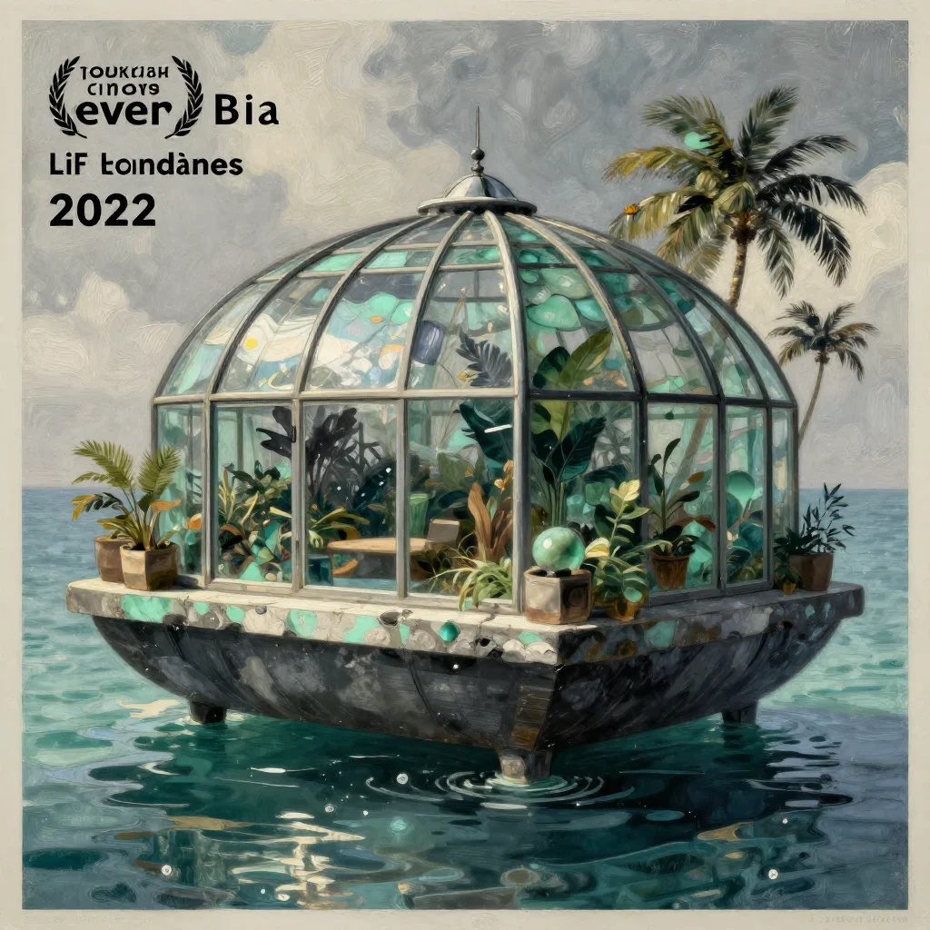 a floating botanical conservatory in a gentle sea breeze, modernist poster illustration, weathered tactile surfaces, jad
