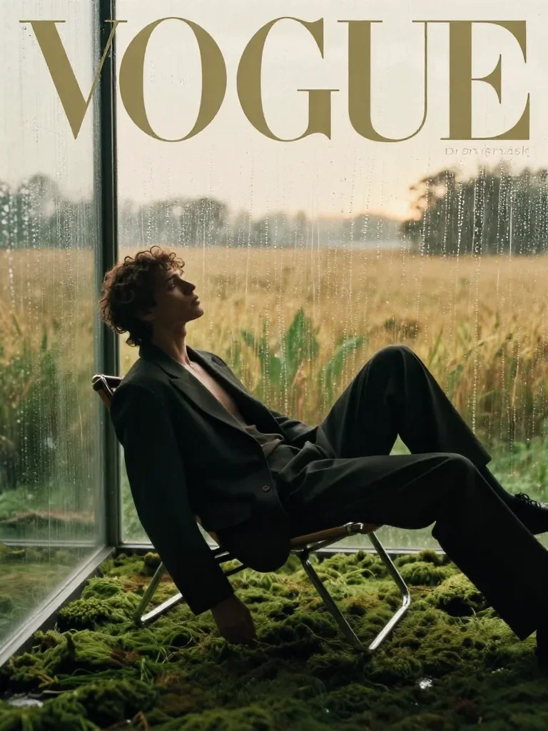 a lover leaning against rain-streaked glass reclining elegantly on a chaise, in a backlit golden-hour field, Vogue-style
