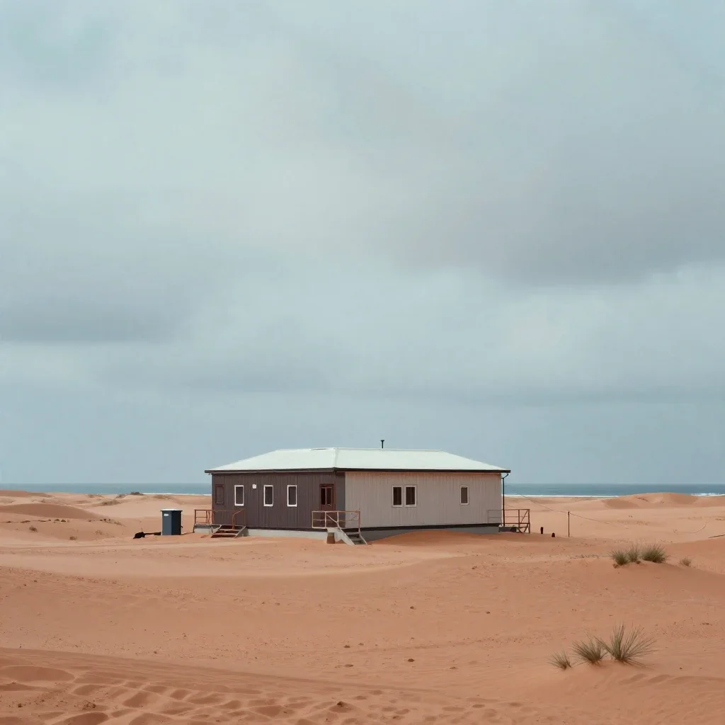 a desert research station under overcast coastal light, Japanese woodblock-inspired editorial art, restrained color harm