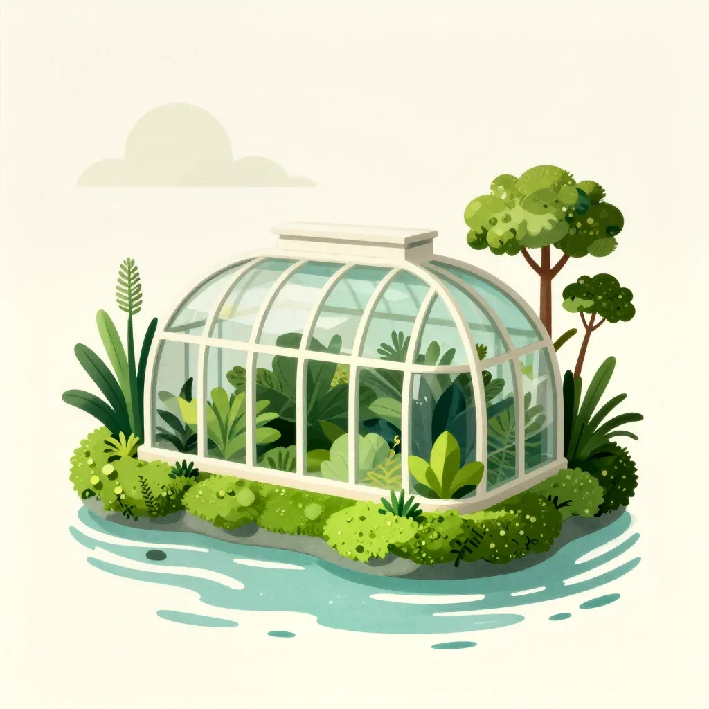 a floating botanical conservatory in a gentle sea breeze, modernist poster illustration, clean natural textures, moss gr