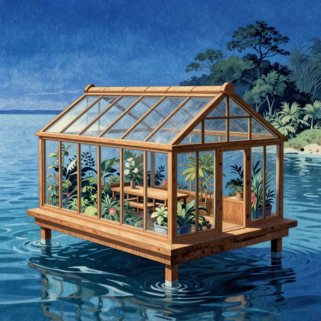 a floating botanical conservatory in a gentle sea breeze, Japanese woodblock-inspired editorial art, atmospheric depth, 