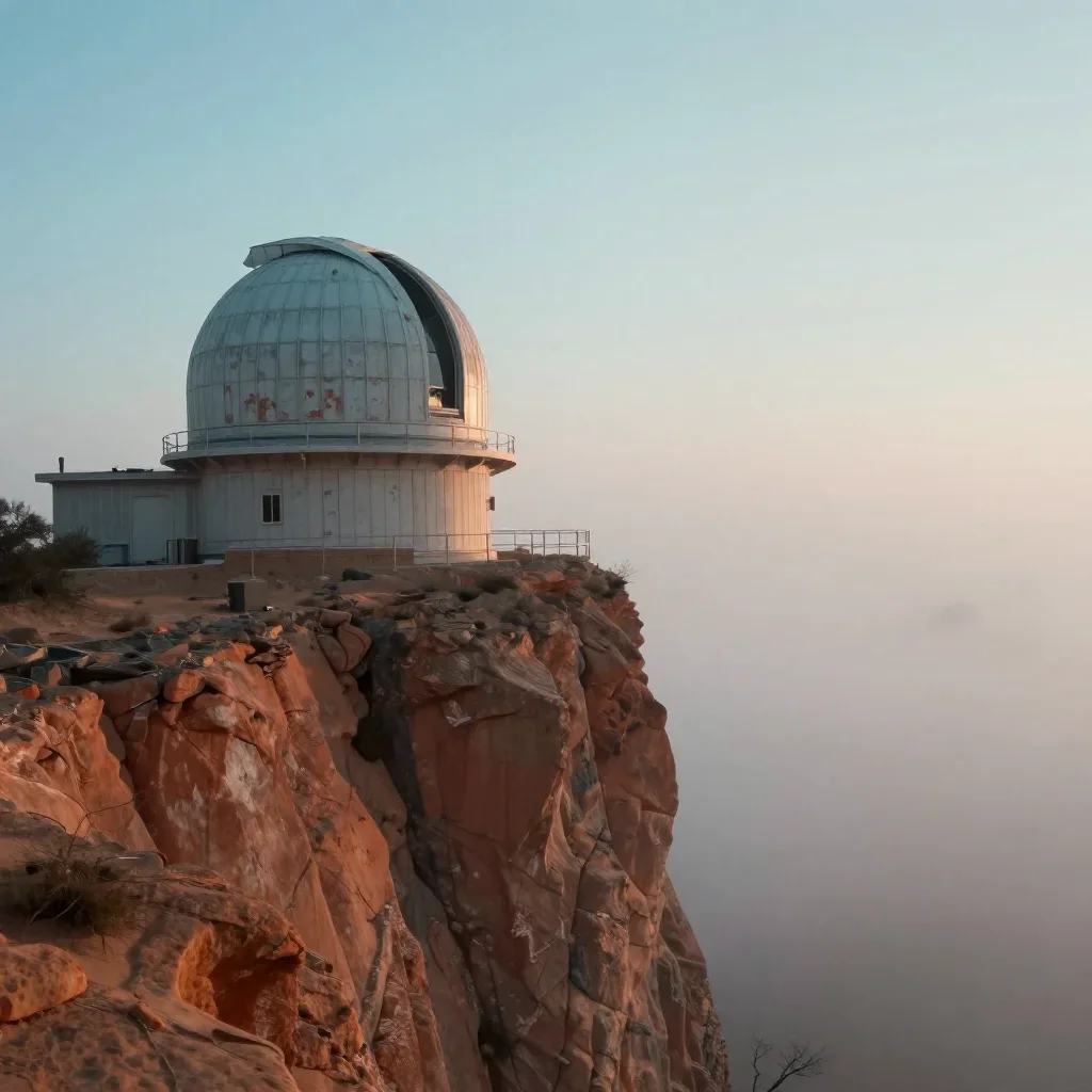 a cliffside observatory under soft dawn fog, quiet science-fiction concept art, weathered tactile surfaces, terracotta a