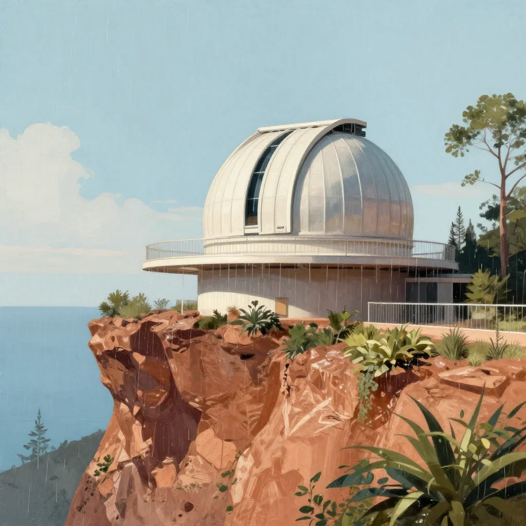 a cliffside observatory after warm summer rain, contemporary botanical illustration, restrained color harmony, terracott