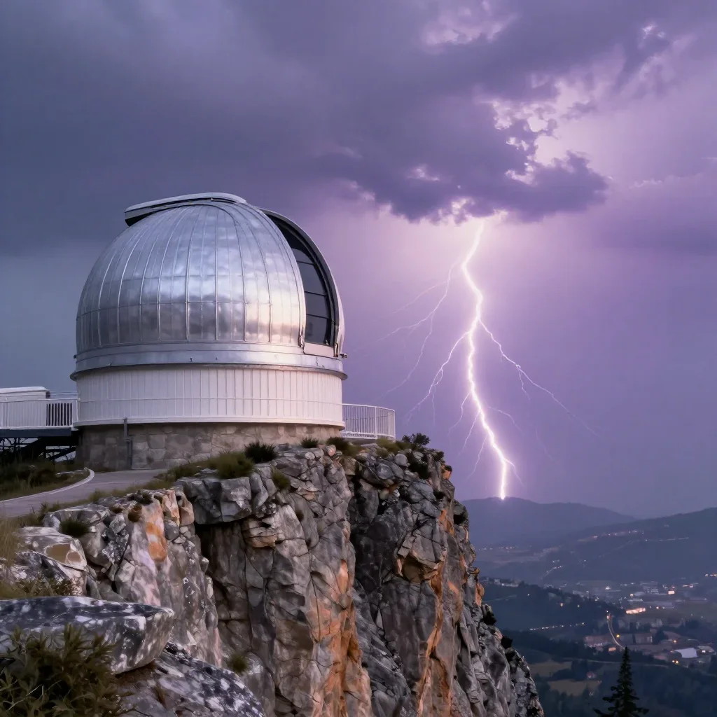 a cliffside observatory after a distant thunderstorm, high-end design magazine photography, soft volumetric light, laven
