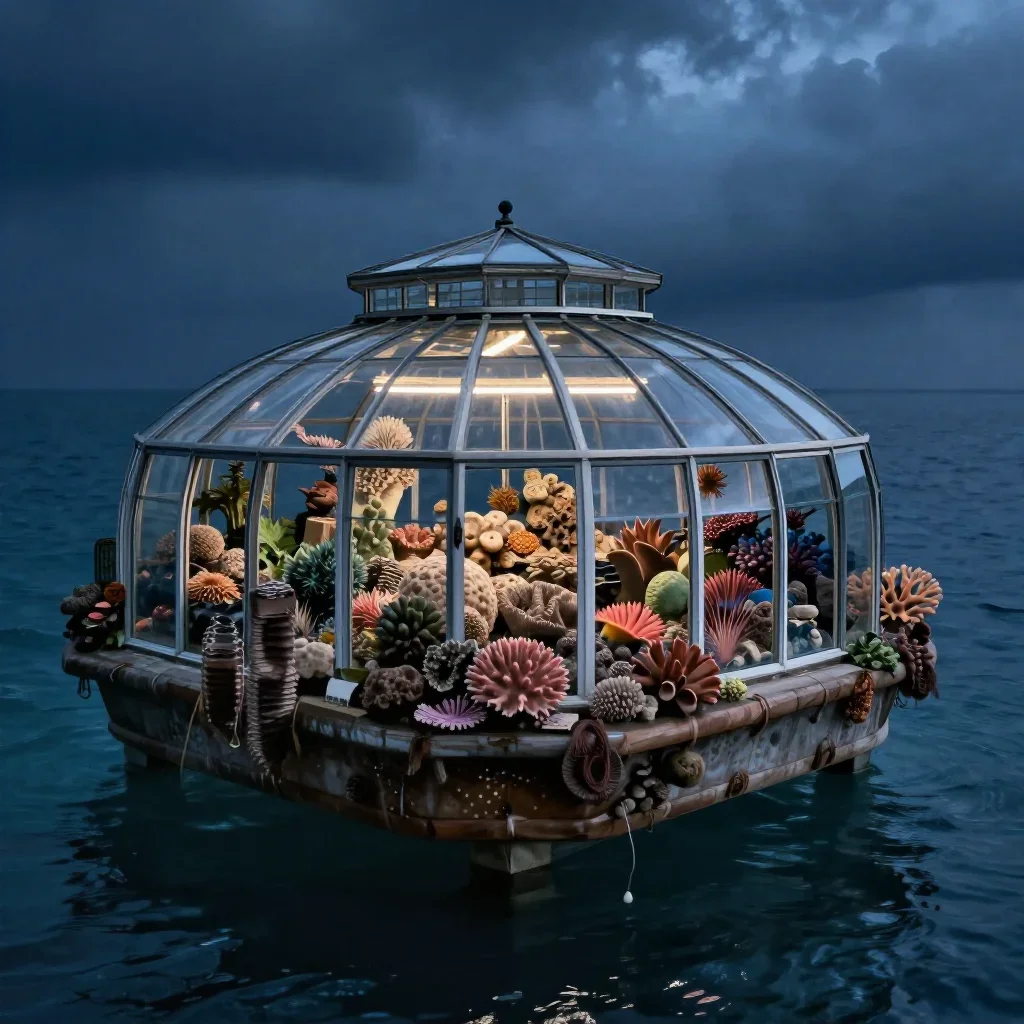 a floating botanical conservatory in a gentle sea breeze, refined editorial travel photography, atmospheric depth, coral