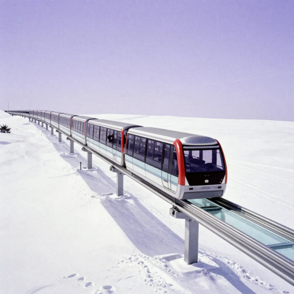 a glass monorail in crisp winter sunlight, Japanese woodblock-inspired editorial art, subtle film grain, lavender and si
