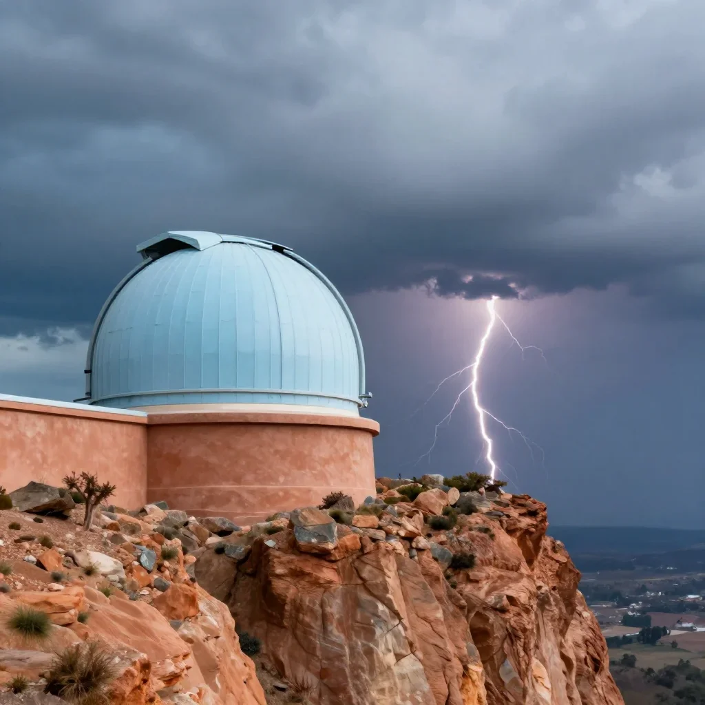 a cliffside observatory after a distant thunderstorm, cinematic architectural photography, atmospheric depth, terracotta