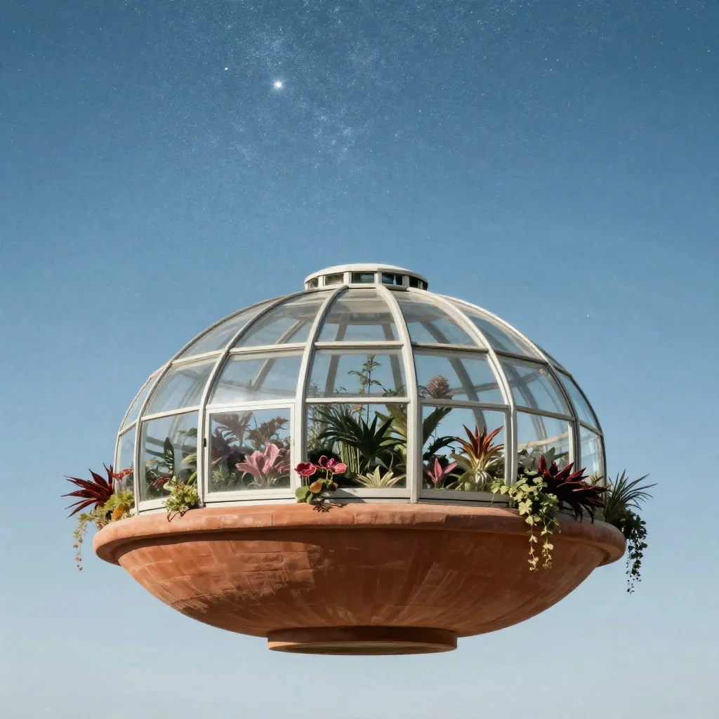 a floating botanical conservatory beneath a star-filled sky, high-end design magazine photography, restrained color harm
